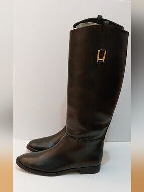 NWOT   Zara Black Leather Riding Boots With Gold Metal Buckle Detail